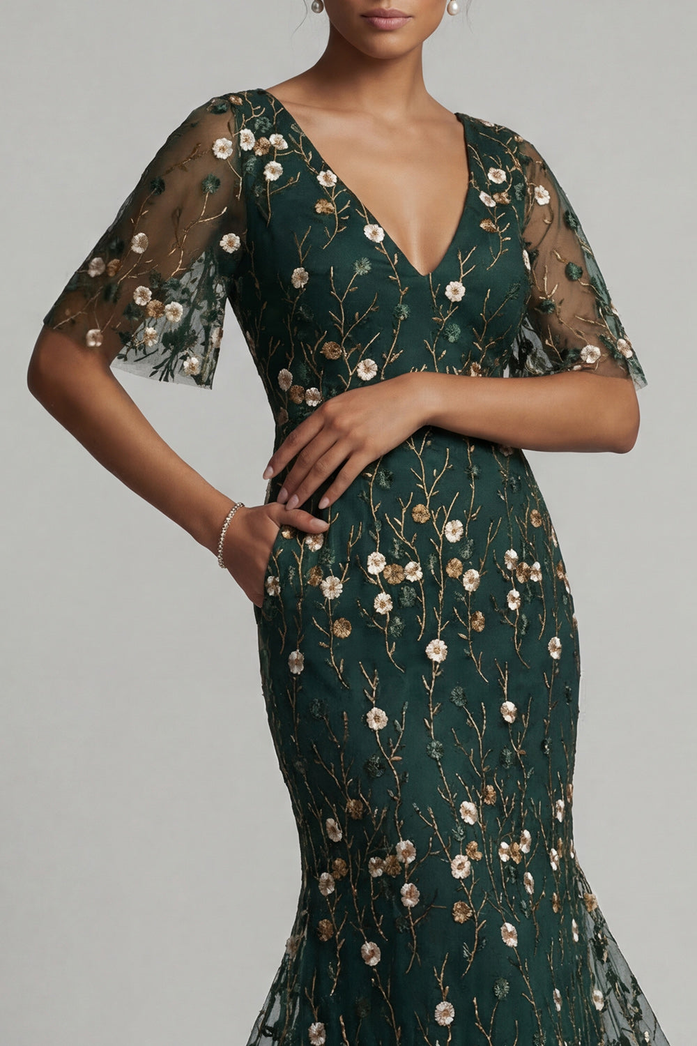 V-Neck Dark Green Long Mermaid Floral Mother of the Bride Dress