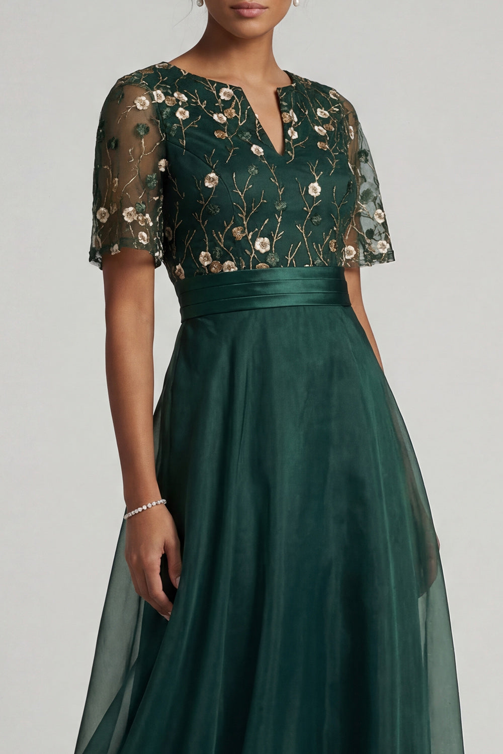 Long Half Sleeves A Line Dark Green Floral Mother of the Bride Dress