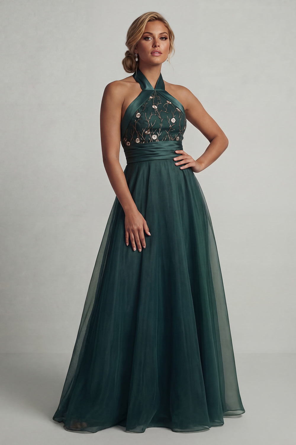 Halter A Line Dark Green Floral Long Mother of the Bride Dress