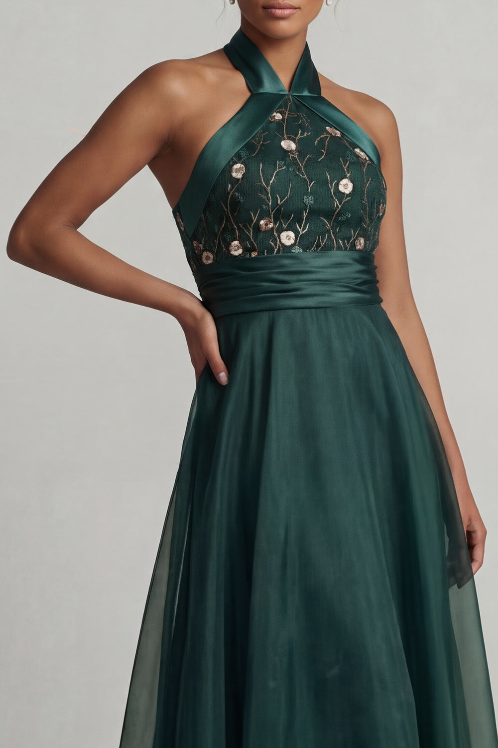Halter A Line Dark Green Floral Long Mother of the Bride Dress