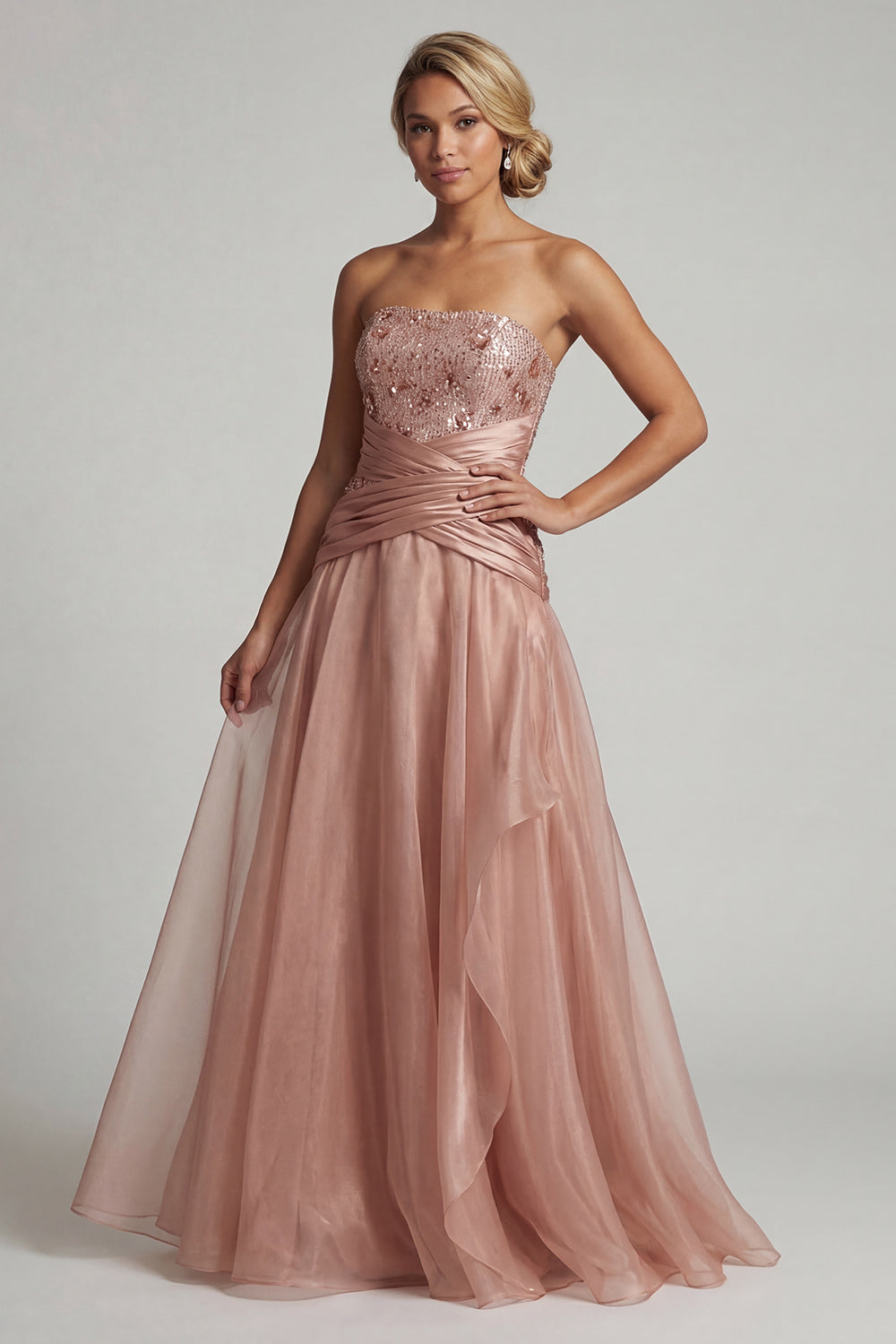 A Line Dusty Rose Long Beaded Mother of the Bride Dress with Ruffles