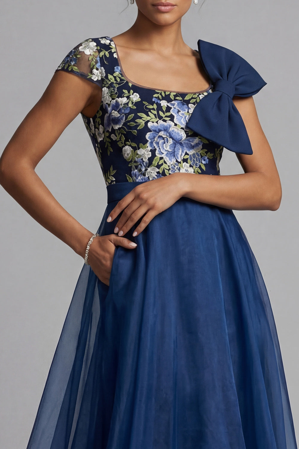 A Line Square Neck Navy Long Floral Mother of the Bride Dress with Bow