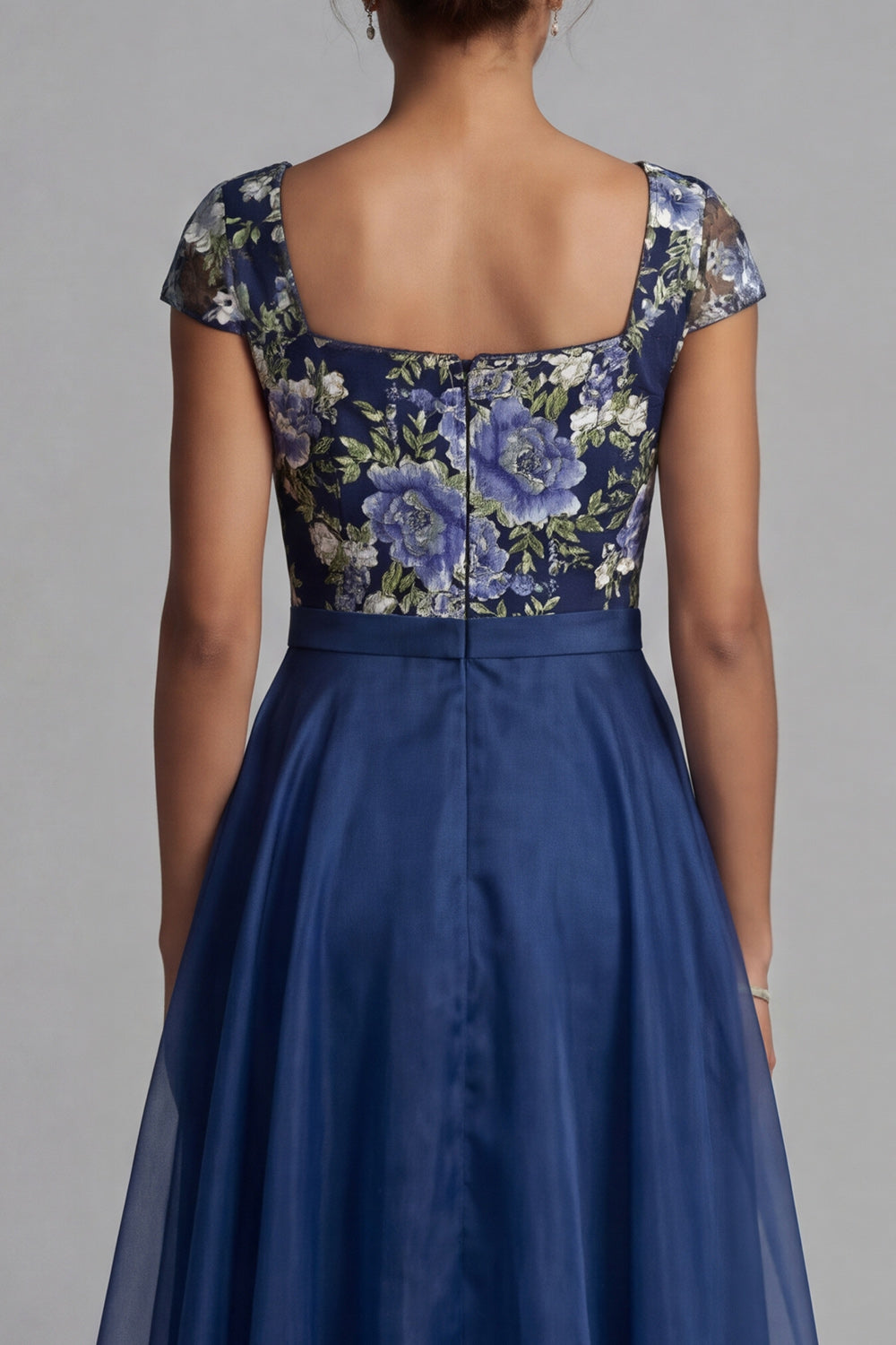 A Line Square Neck Navy Long Floral Mother of the Bride Dress with Bow