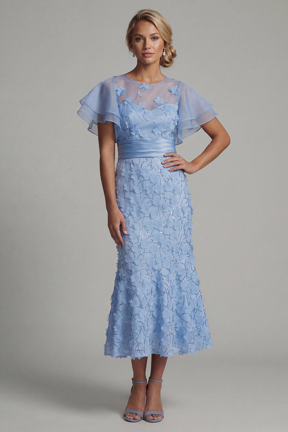 Light Blue Mermaid Maxi Floral Mother of the Bride Dress with Ruffles