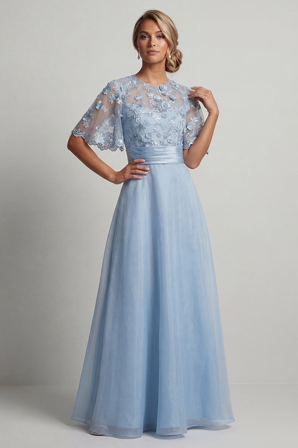 Sky Blue Long A Line Floral Mother of the Bride Dress