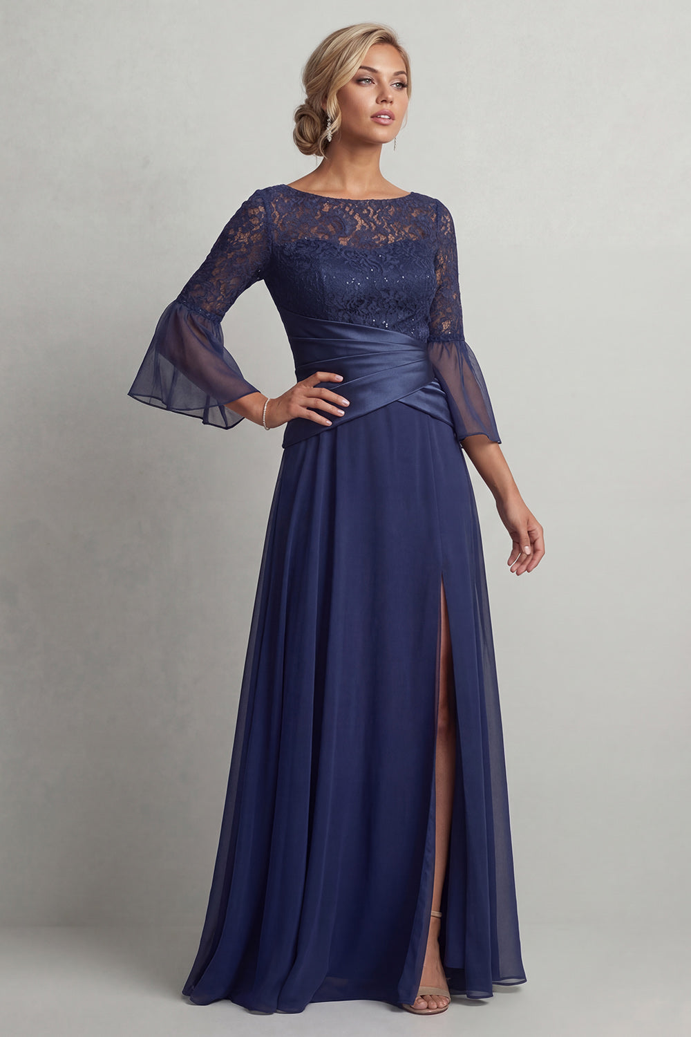 Navy Ruched Boat Neck A Line Long Mother of the Bride Dress with Slit