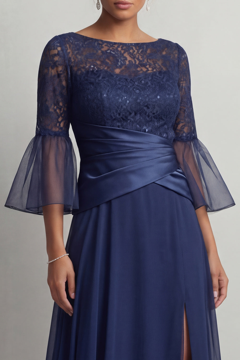 Navy Ruched Boat Neck A Line Long Mother of the Bride Dress with Slit