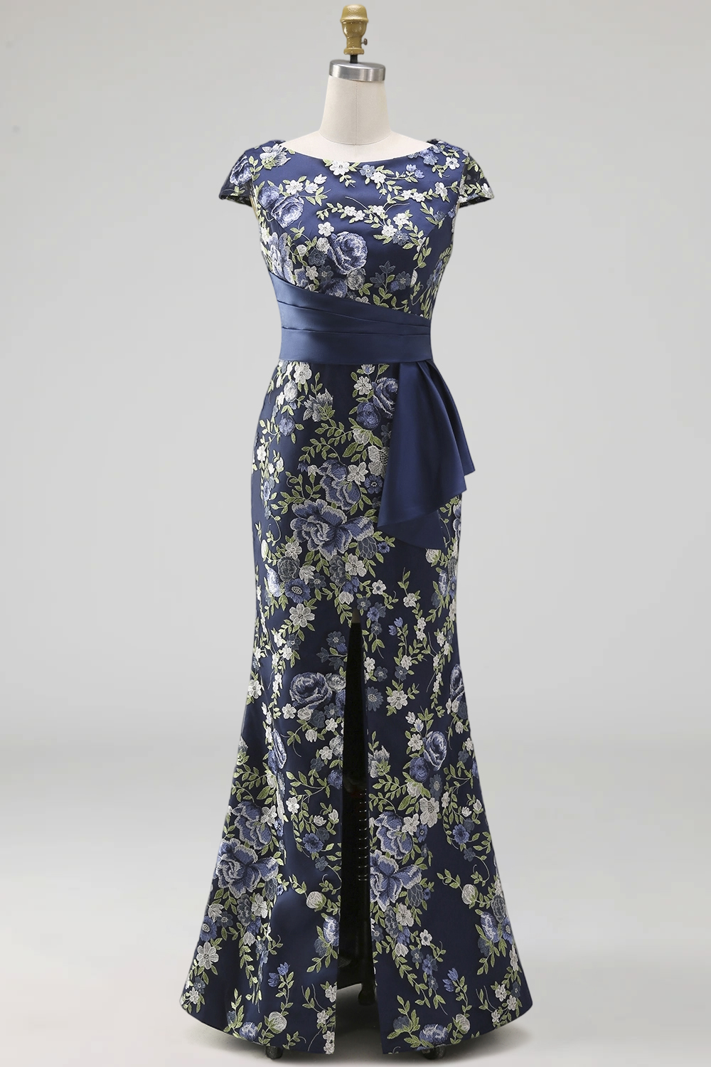 Floral Mermaid Navy Long Mother of the Bride Dress with Slit