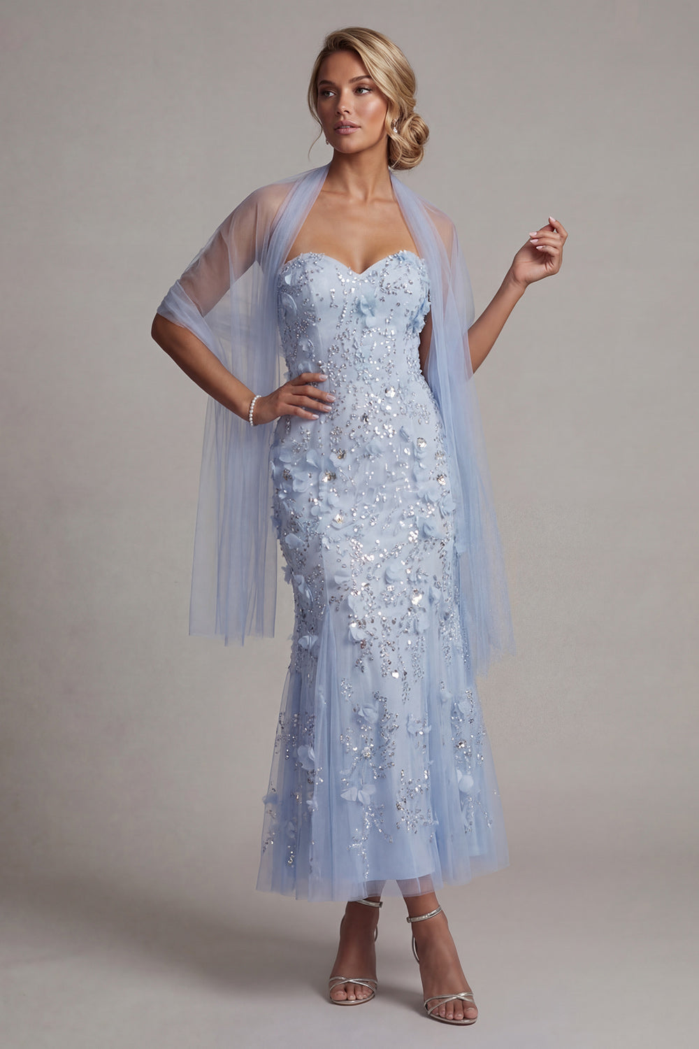 Sparkly Sky Blue Floral Maxi Mermaid Sequin Mother of the Bride Dress with Shawl