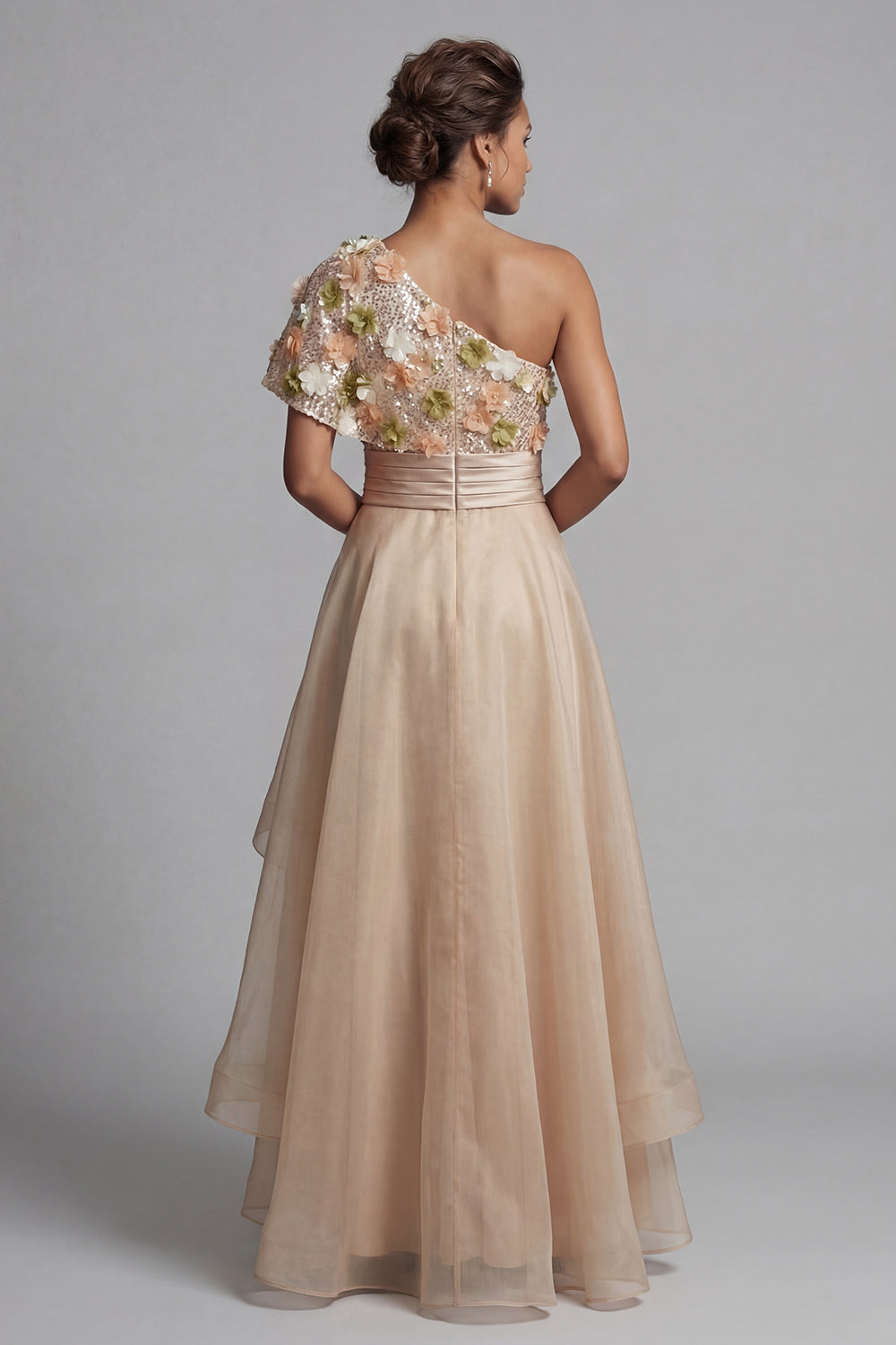 A Line Champagne Floral Long Mother of the Bride Dress with Ruffles
