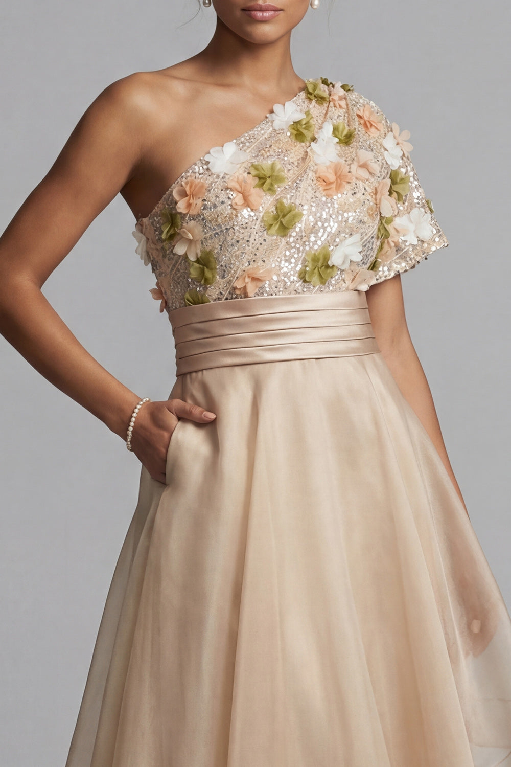 A Line Champagne Floral Long Mother of the Bride Dress with Ruffles