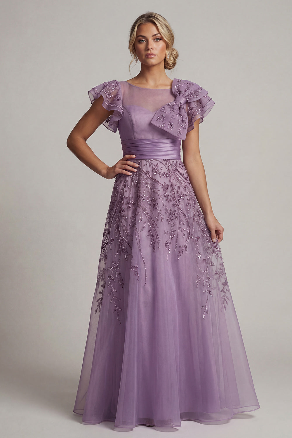 Purple A Line Floral Long Mother of the Bride Dress with Ruffles