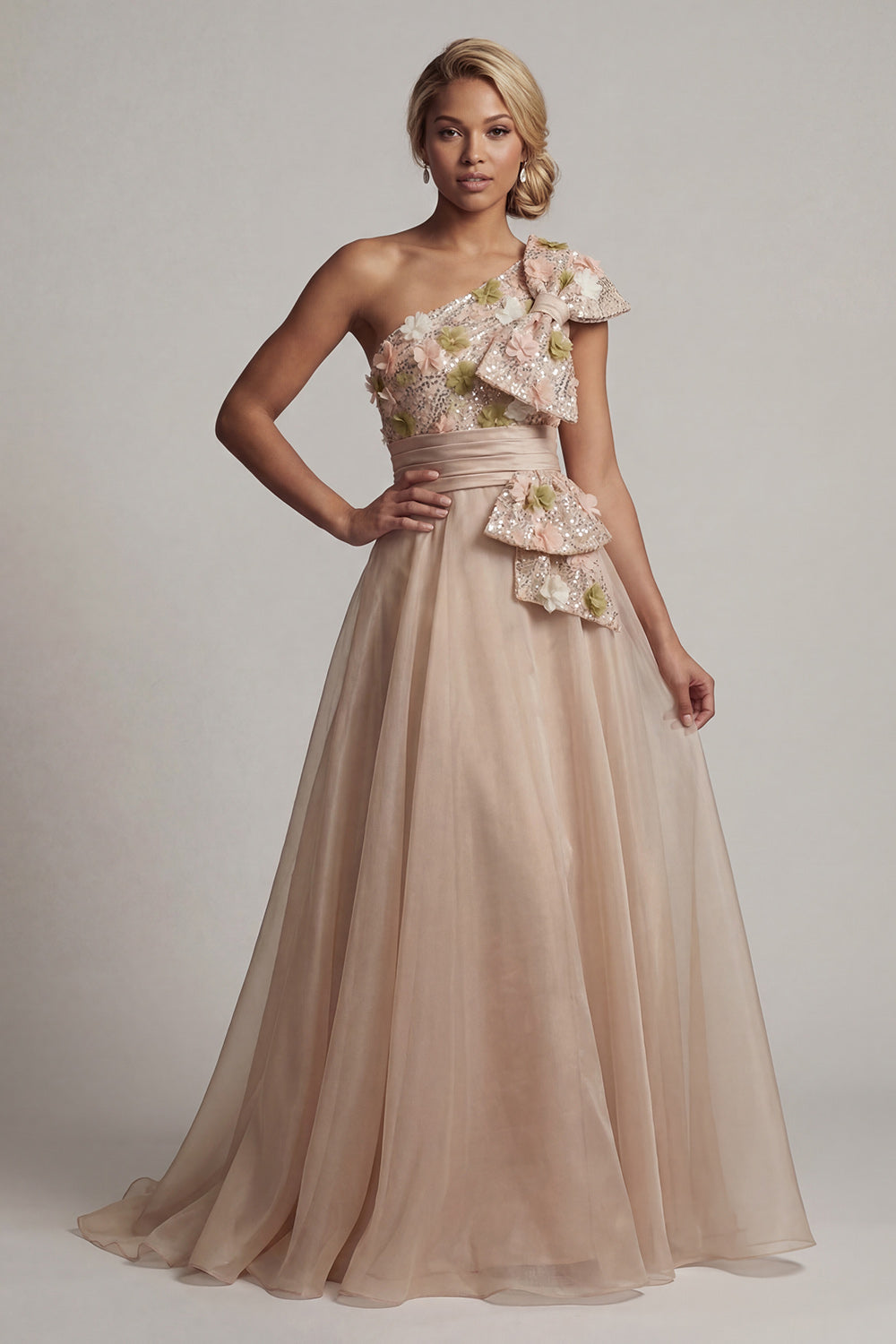 A Line Long Floral Champagne Mother of the Bride Dress with Bow