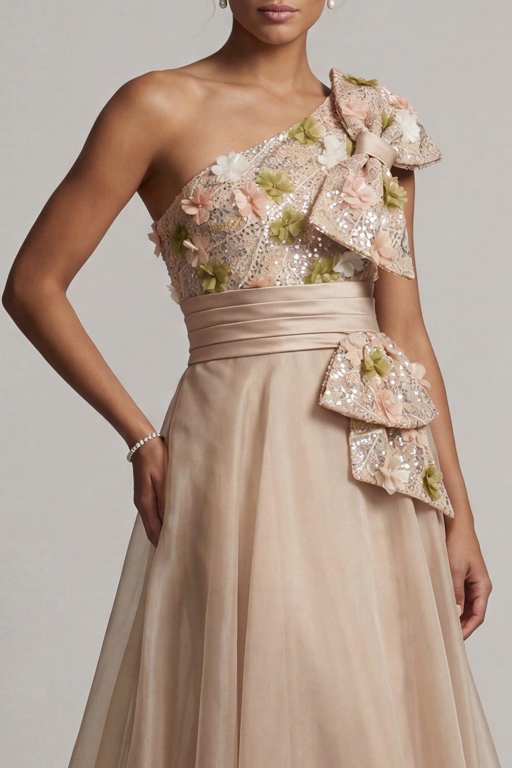 A Line Long Floral Champagne Mother of the Bride Dress with Bow