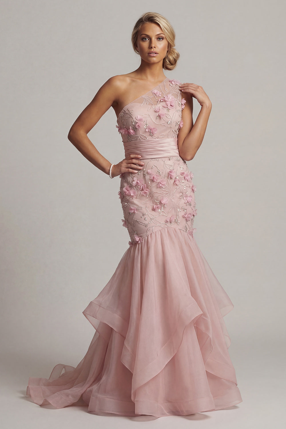 Blush Floral Mermaid Long Mother of the Bride Dress with Ruffles