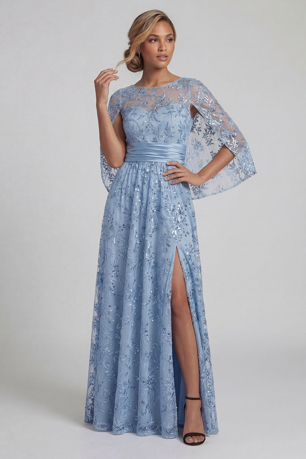 Sky Blue Sequin A Line Floral Long Sparkly Mother of the Bride Dress with Slit