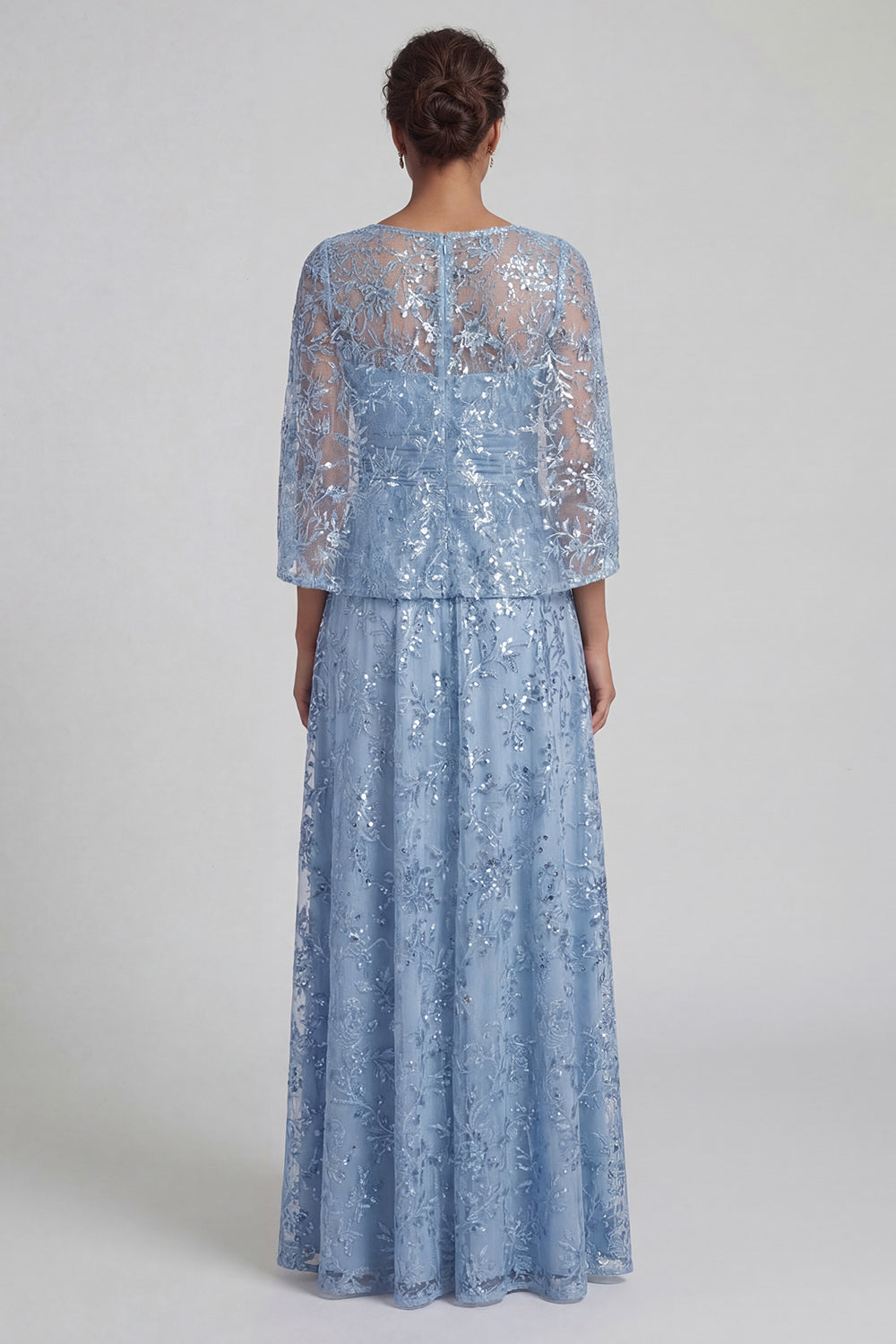 Sky Blue Sequin A Line Floral Long Sparkly Mother of the Bride Dress with Slit