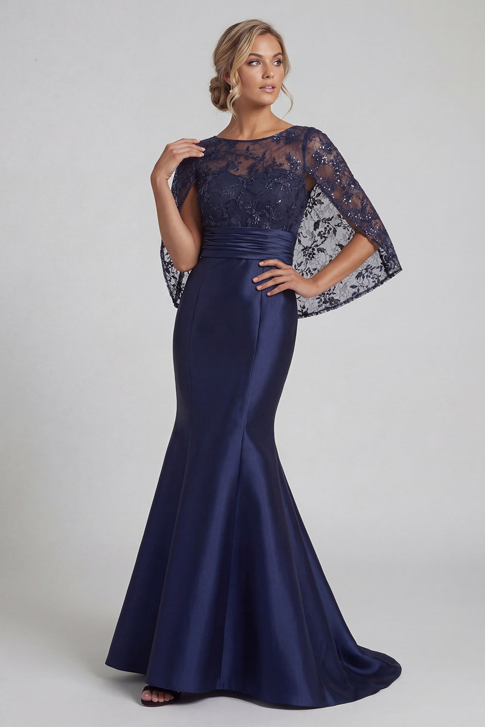 Sparkly Navy Floral Long Sequin Mermaid Mother of the Bride Dress with Cape