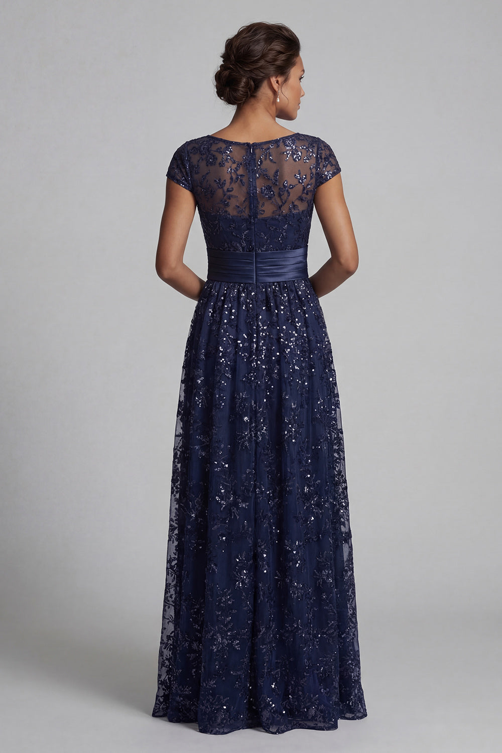 A Line Sparkly Navy Sequin Floral Long Mother of the Bride Dress with Pockets
