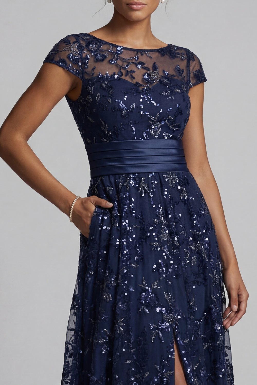 A Line Sparkly Navy Sequin Floral Long Mother of the Bride Dress with Pockets