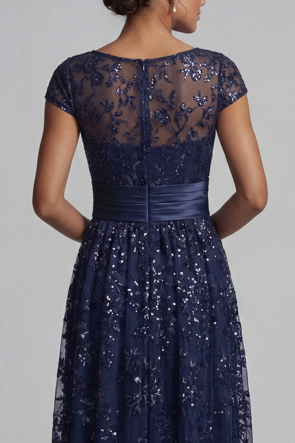 A Line Sparkly Navy Sequin Floral Long Mother of the Bride Dress with Pockets
