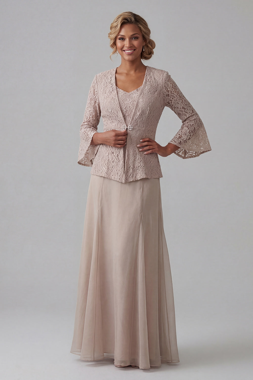 Champagne A Line V-Neck Long Mother of the Bride Dress with Jacket