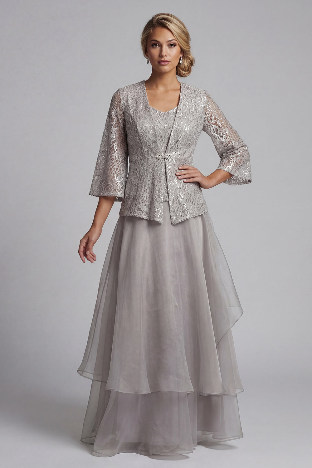 Long A Line Scoop Sparkly Light Grey Lace Mother of the Bride Dress with Jacket