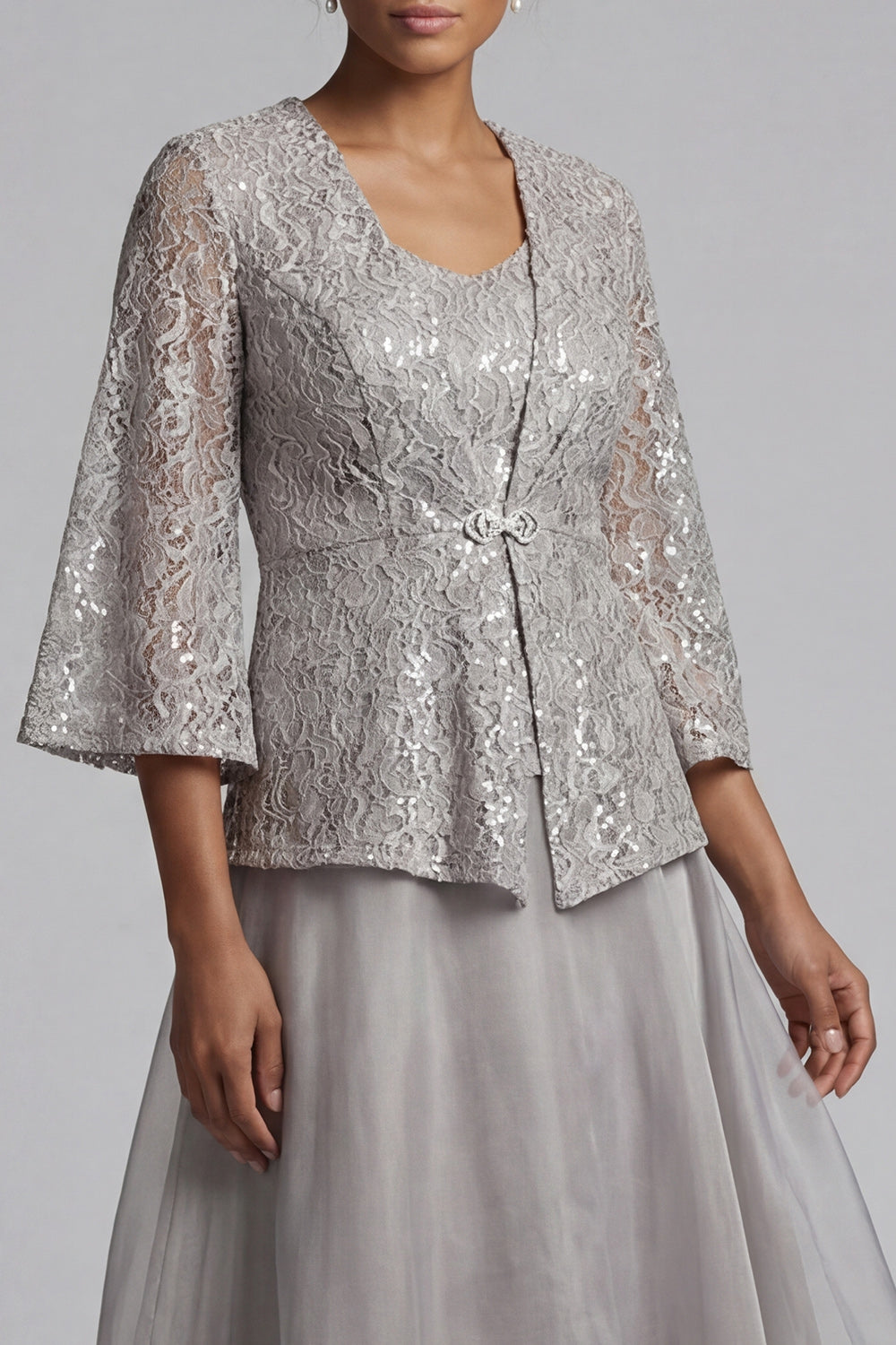 Long A Line Scoop Sparkly Light Grey Lace Mother of the Bride Dress with Jacket