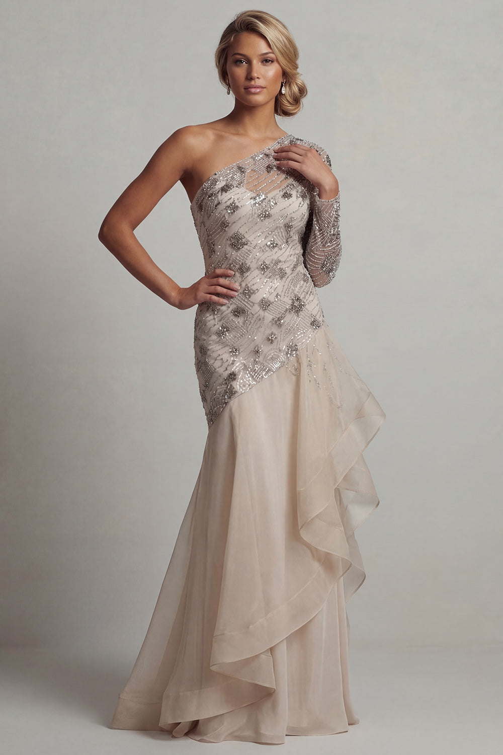 Sparkly Apricot Mermaid Long Sequin Floral Mother of the Bride Dress with Ruffles