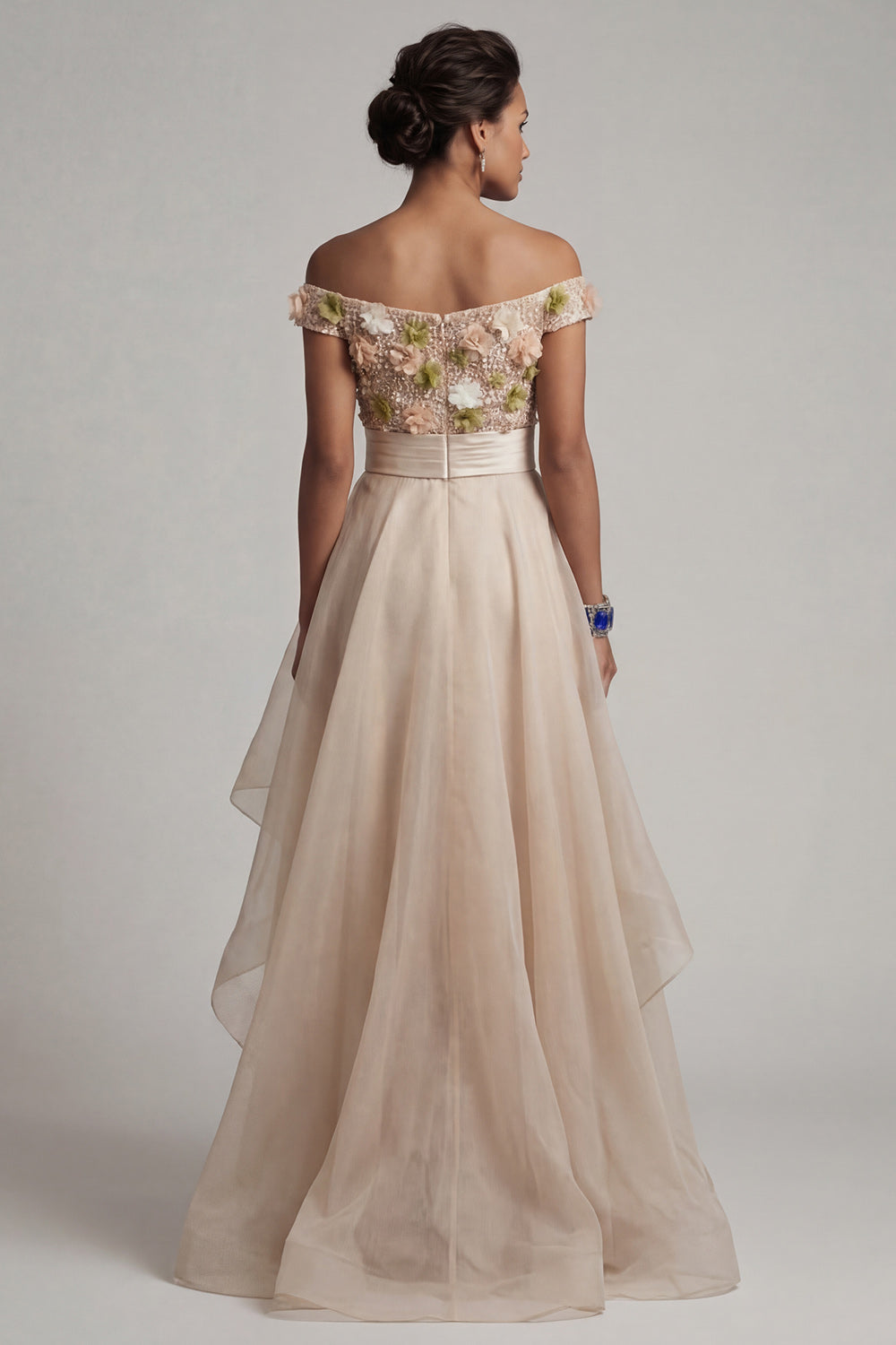 Apricot Floral A Line Asymmetrical Mother of the Bride Dress with Ruffles