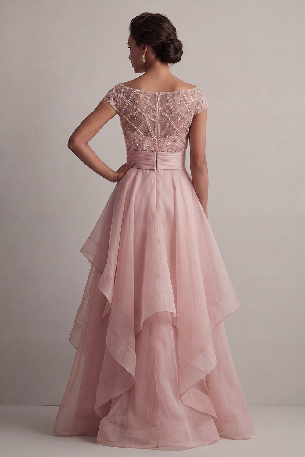 Beaded Blush Long A Line Mother of the Bride Dress with Ruffles