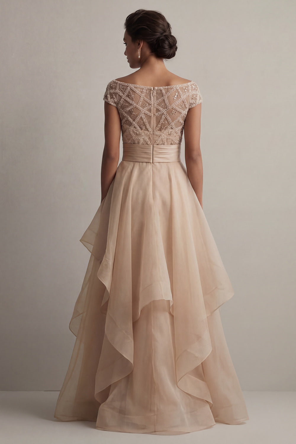 Beaded Blush Long A Line Mother of the Bride Dress with Ruffles