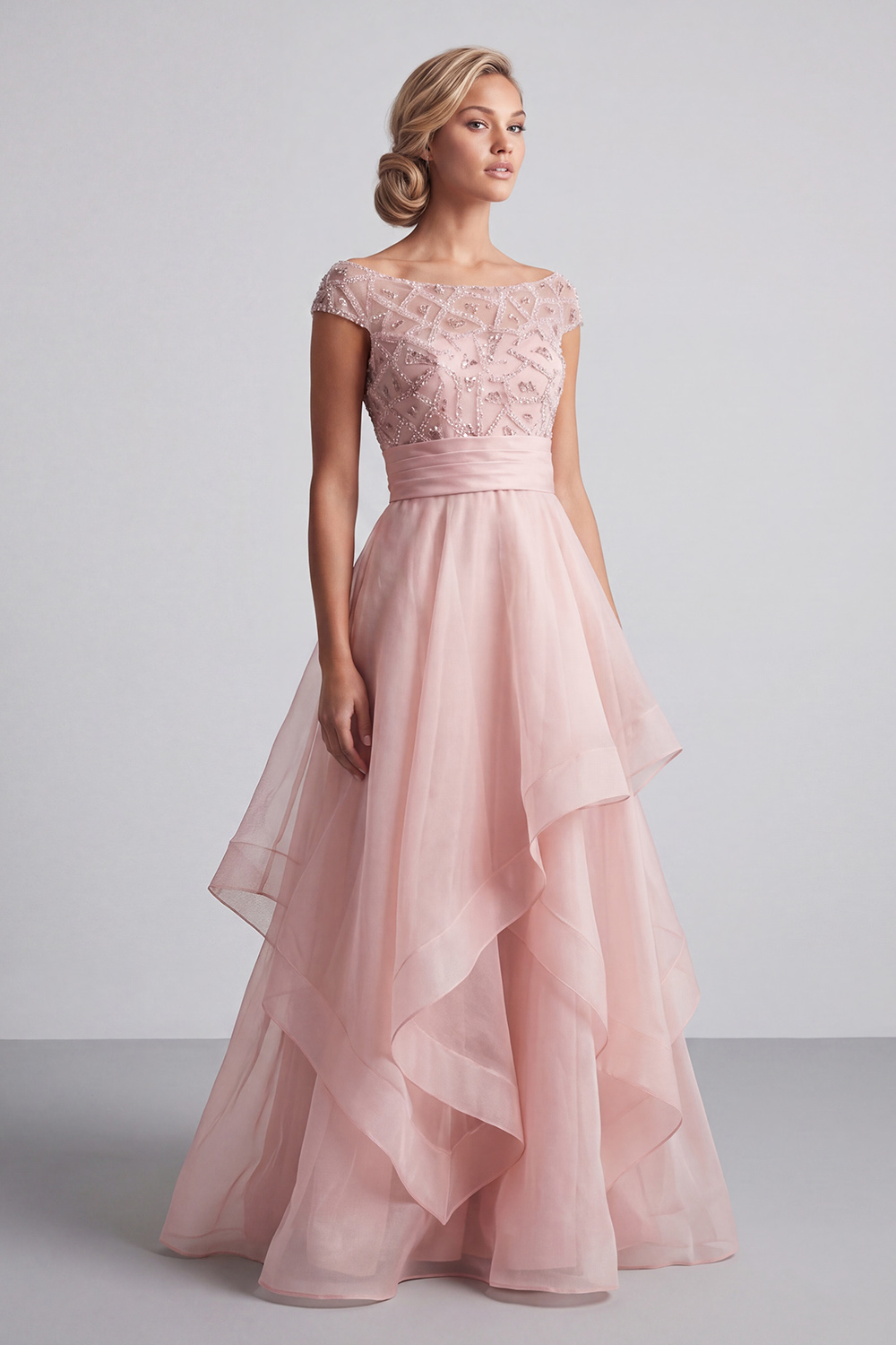 Beaded Blush Long A Line Mother of the Bride Dress with Ruffles