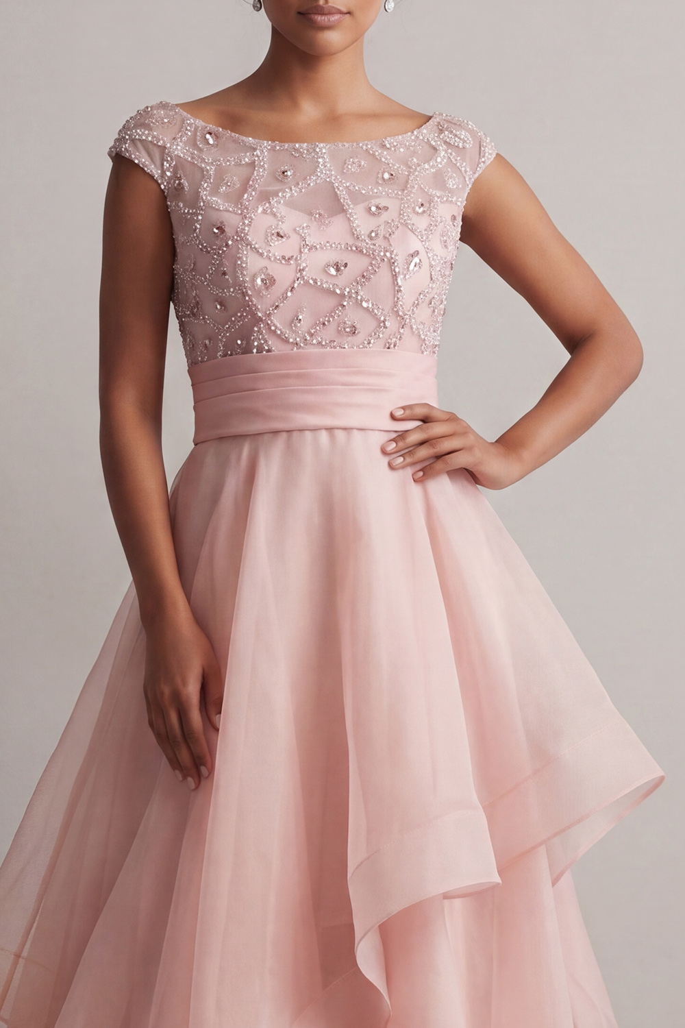 Beaded Blush Long A Line Mother of the Bride Dress with Ruffles