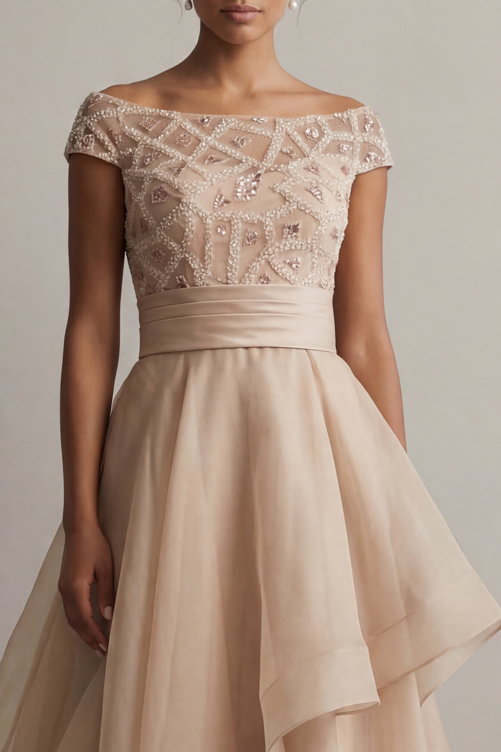 Beaded Blush Long A Line Mother of the Bride Dress with Ruffles