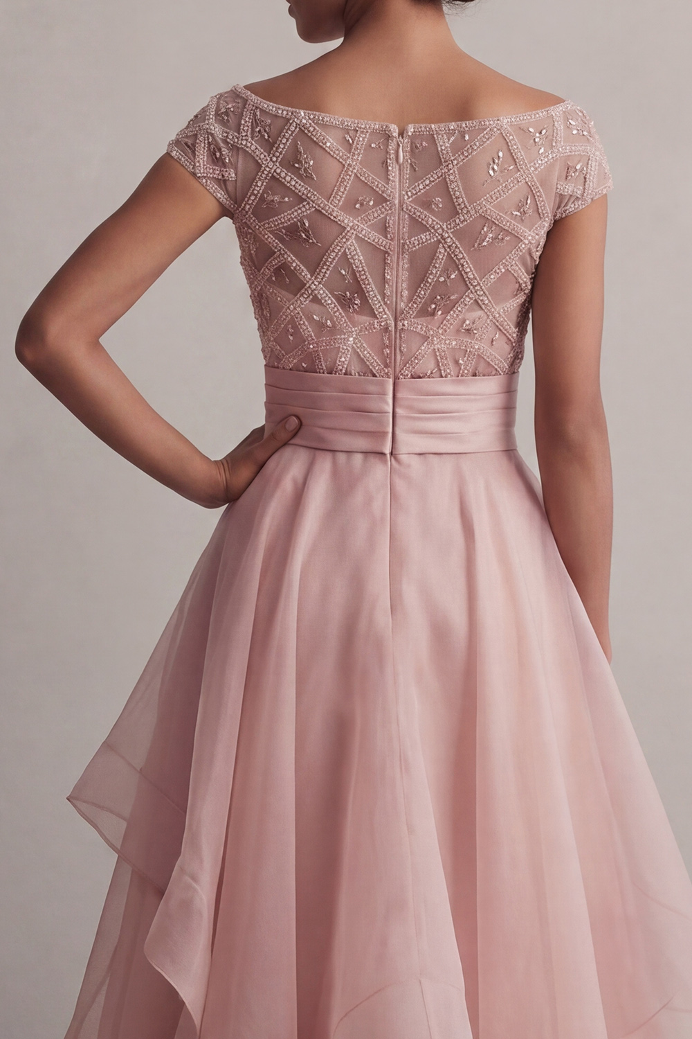 Beaded Blush Long A Line Mother of the Bride Dress with Ruffles