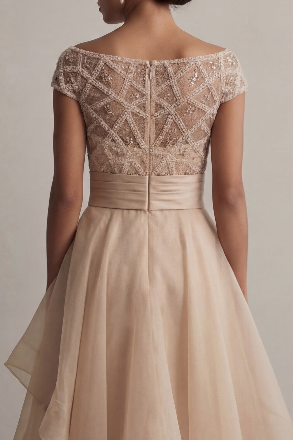 Beaded Blush Long A Line Mother of the Bride Dress with Ruffles