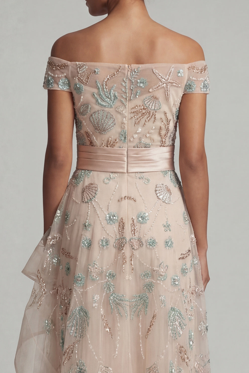 Blush Long Floral A Line Mother of the Bride Dress with Ruffles