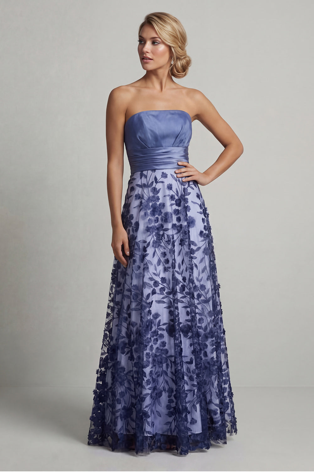Strapless Floral Long A Line Navy Mother of the Bride Dress