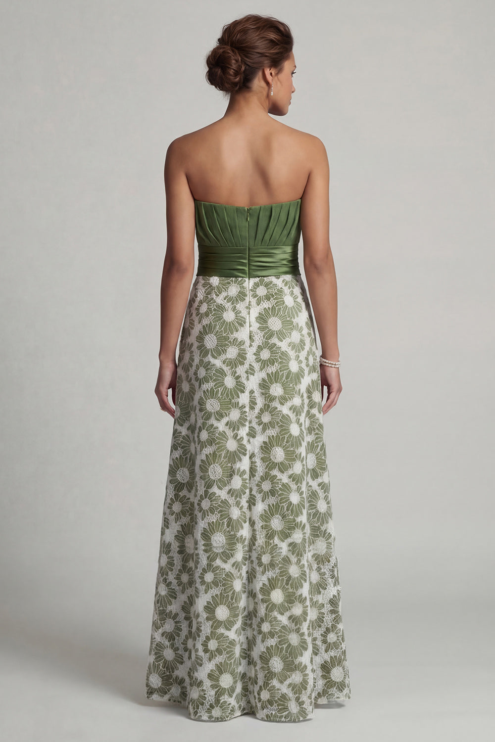 Green Long A Line Strapless Floral Ruched Mother of the Bride Dress
