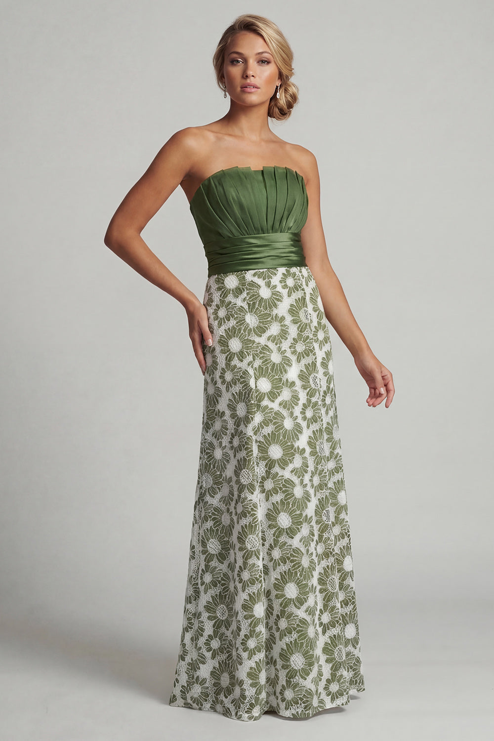 Green Long A Line Strapless Floral Ruched Mother of the Bride Dress