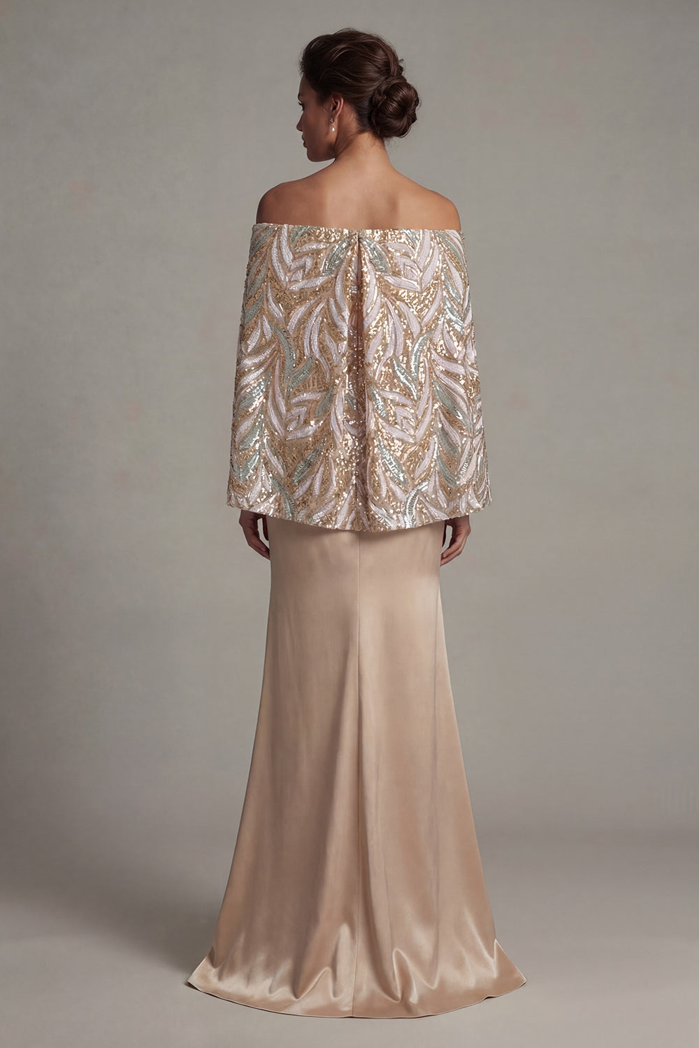 Long Champagne Sparkly Sequin Mermaid Mother of the Bride Dress with Cape