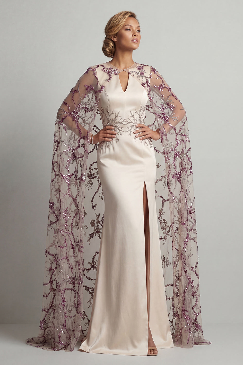 Sequin Sparkly Ivory Long Mermaid Satin Mother of the Bride Dress with Cape