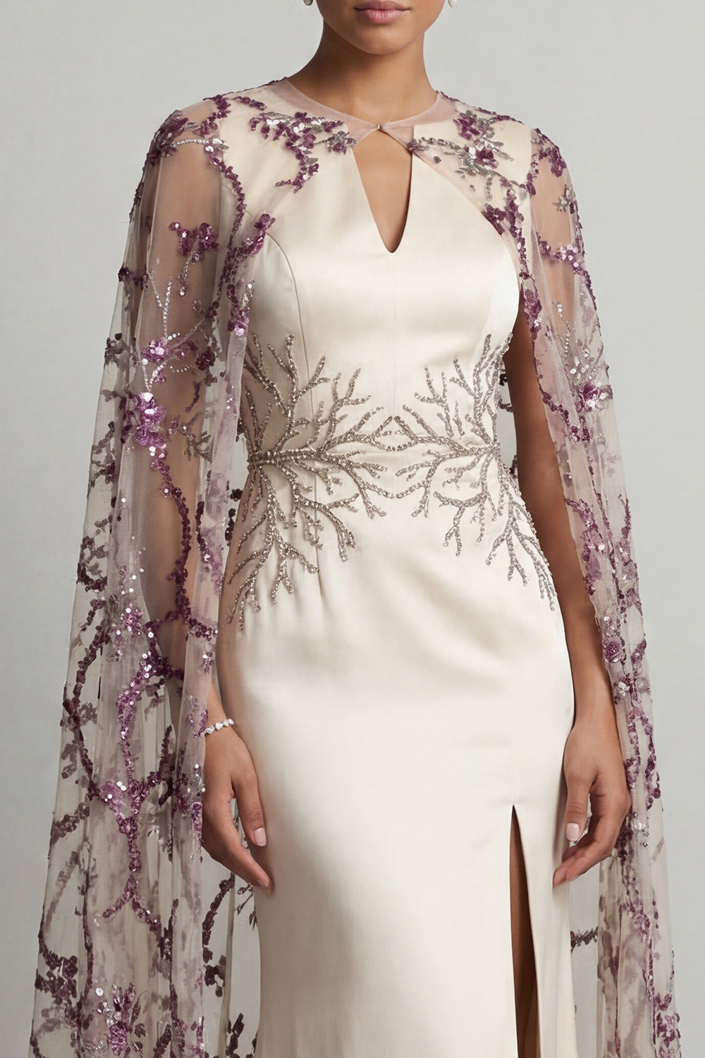 Sequin Sparkly Ivory Long Mermaid Satin Mother of the Bride Dress with Cape