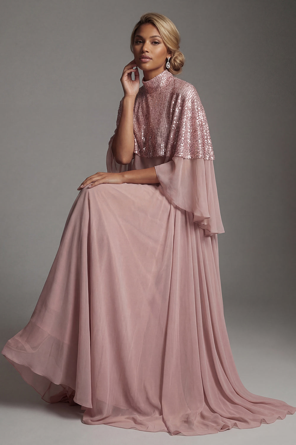 Sparkly A Line Dusty Rose Long Sequin Mother of the Bride Dress with Cape