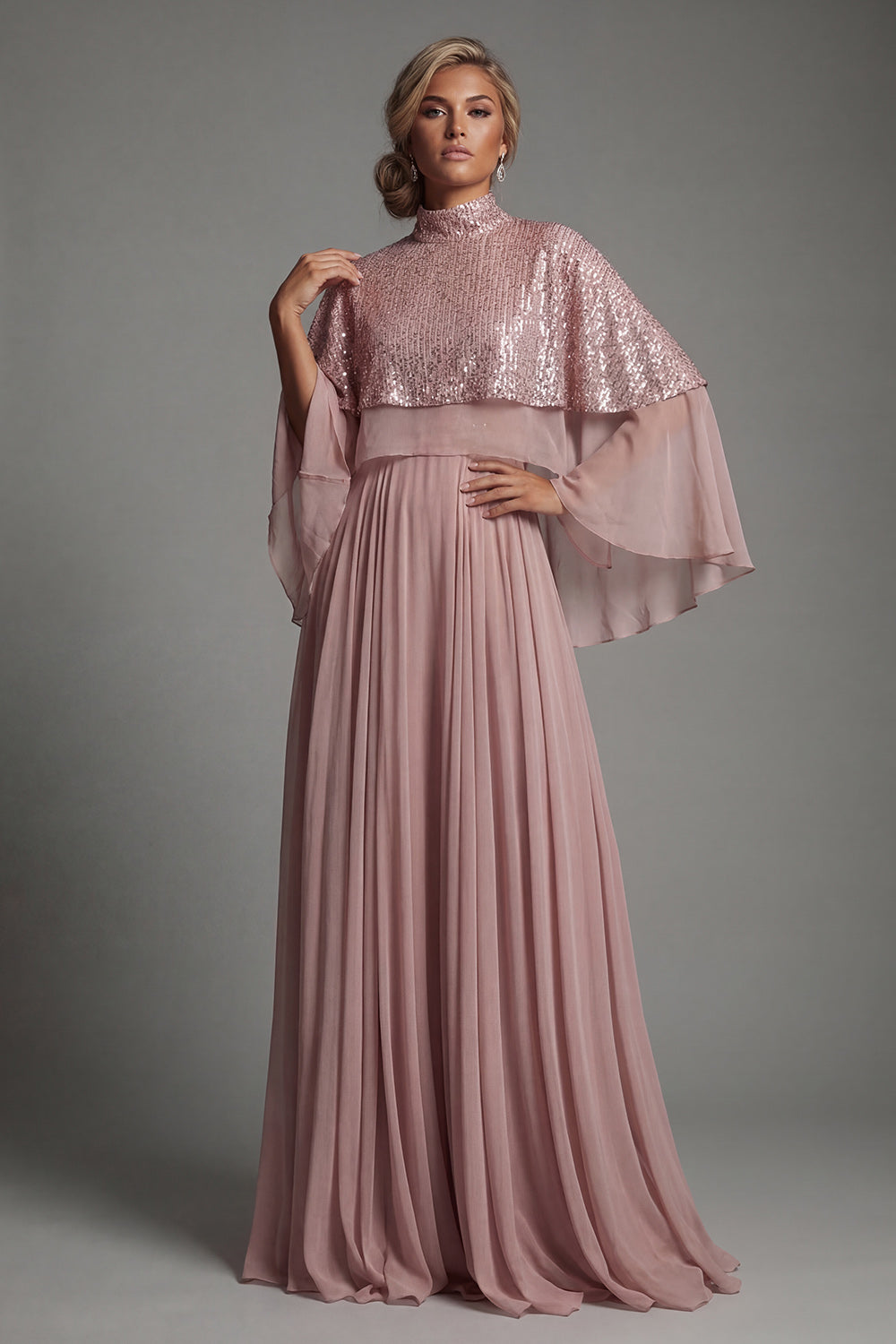 Sparkly A Line Dusty Rose Long Sequin Mother of the Bride Dress with Cape