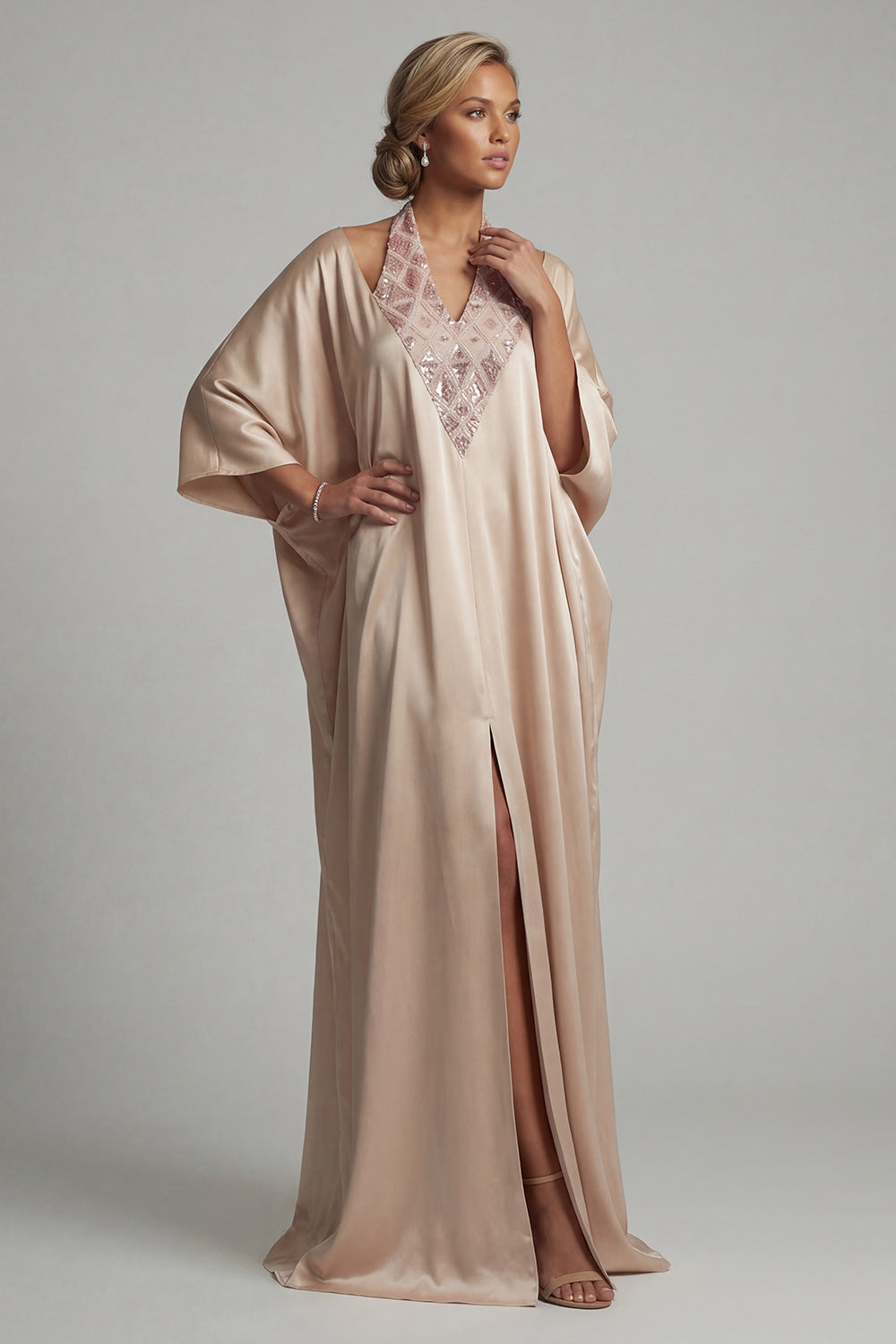 Sparkly Sheath Champagne Sequin Long Halter Mother of the Bride Dress with Slit