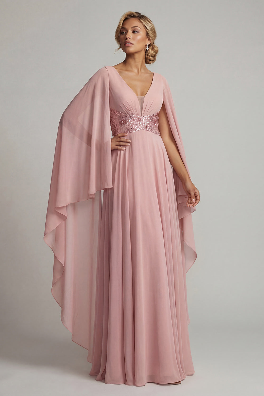 Sparkly Long Sequin Dusty Rose A Line Mother of the Bride Dress with Cape