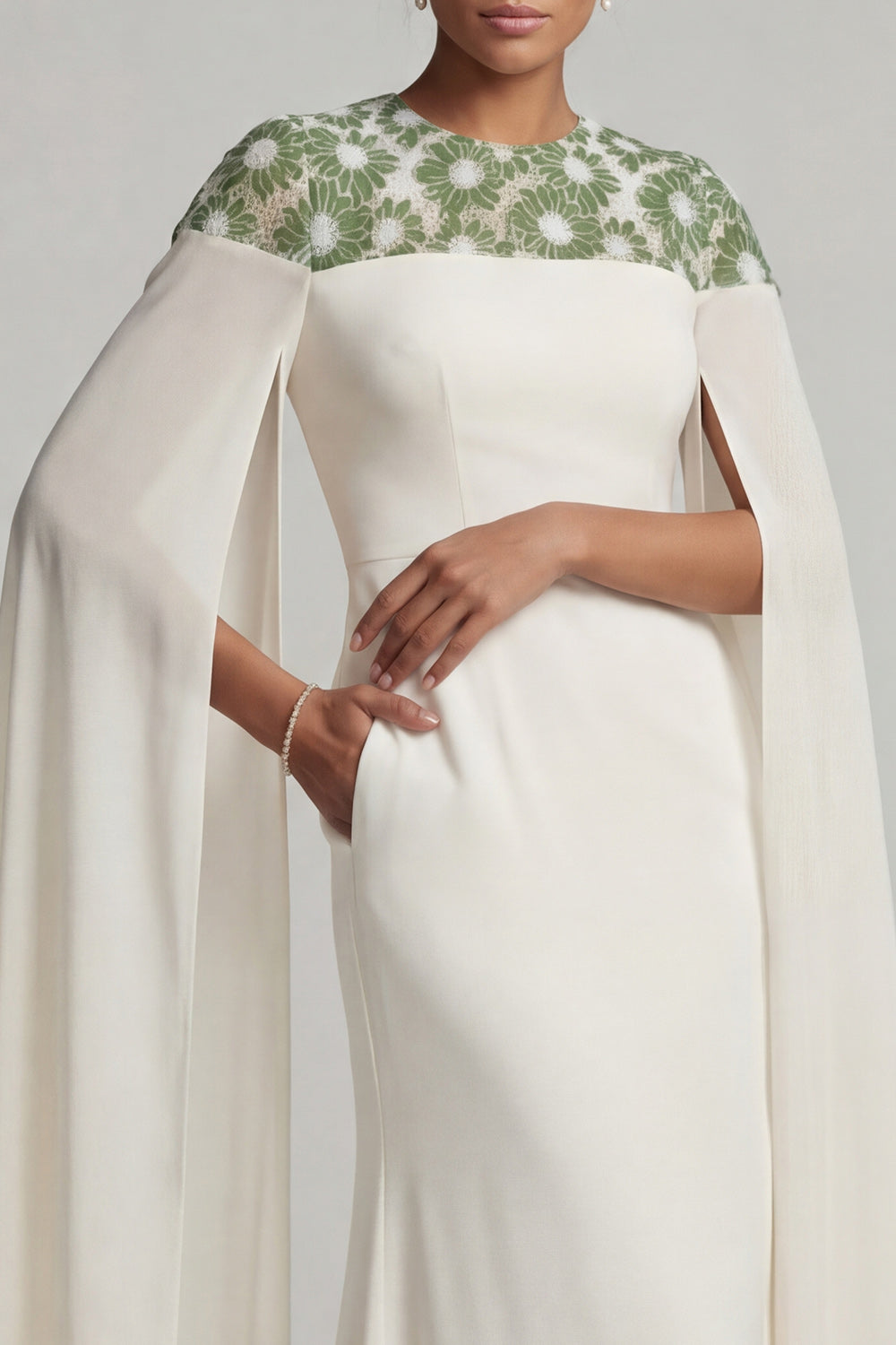 Long Round Neck Floral Ivory Mermaid Mother of the Bride Dress with Cape