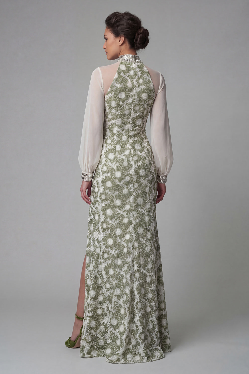 High Neck Floral Long Green Mermaid Mother of the Bride Dress with Slit